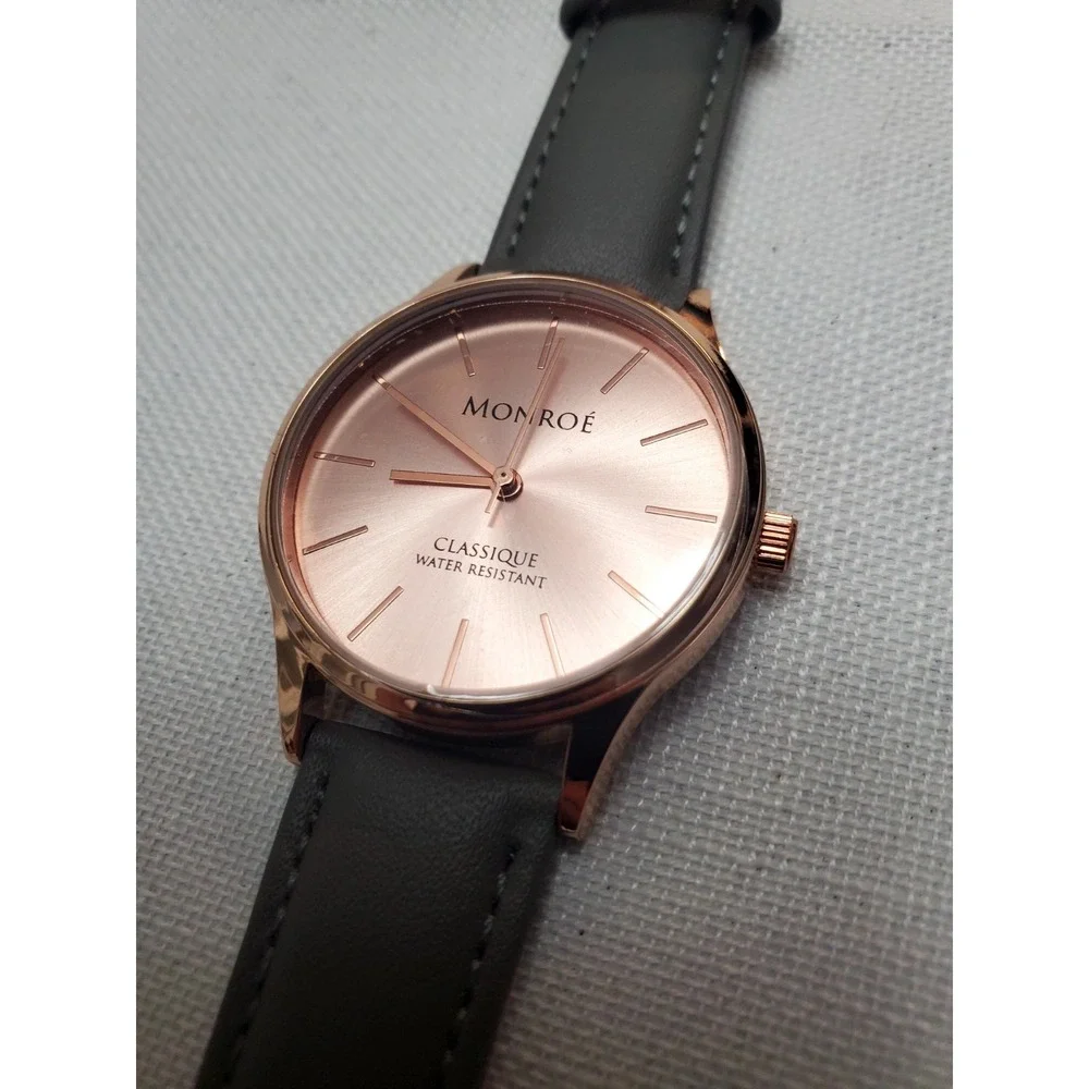 Monroe Maestro Classique Women's Watch Sunburst‎ Rose Gold Gray Genuine Leather